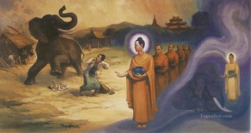 仏教徒 Painting - 激しく酔ったゾウを鎮圧する仏陀 ナラギリ仏教